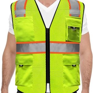 HYCOPROT Chalecos de seguridad reflectantes de malla de alta visibilidad con bolsillos y cremallera, cumple con las normas ANSIISEA HYCOPROT Chalecos de seguridad reflectantes de malla de alta visibilidad con bolsillos y cremallera, cumple con las normas ANSIISEA