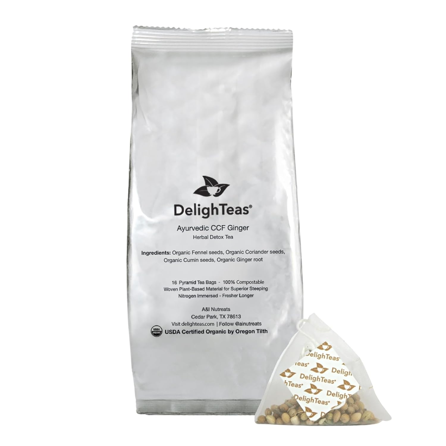 DelighTeas Té de jengibre orgánico Detox CCF  Recambio de bolsas de té piramidal ecológicas  Comino ayurvédico, cilantro, té de jengibre de hinojo