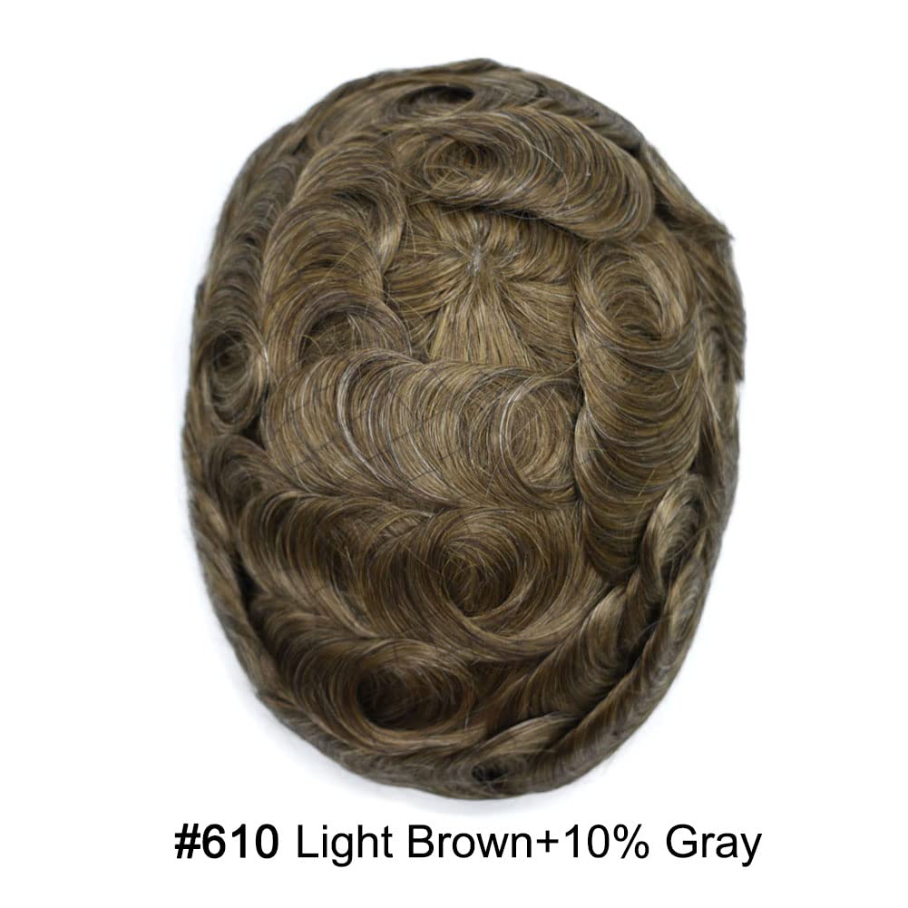 Pieza de pelo tipo tupé para hombres, encaje suizo suave, cabello humano real, tupé para hombres, unidades de cabello con nudo blanqueado, sistema