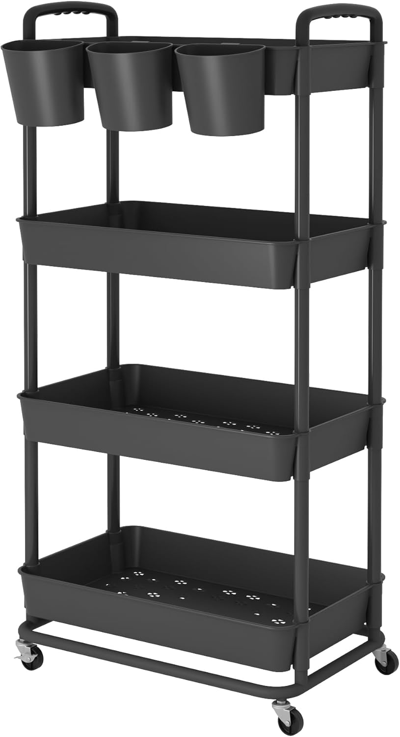 JIUYOTREE Carrito de almacenamiento de plástico de 4 niveles con asas de tazas colgantes adicionales, ruedas bloqueables para sala de estar, baño,
