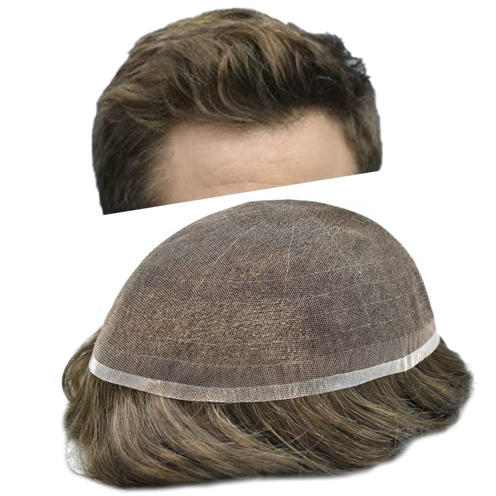 Toupee para hombres Sistema de cabello suizo encaje para hombre Toupee sistema de reemplazo de cabello humano nudo blanqueado hombres postizo de