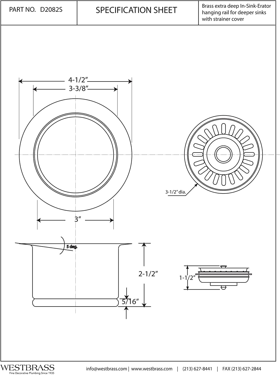 Westbrass D2082S-01 Brida y colador de eliminación de residuos extraprofundos, latón pulido