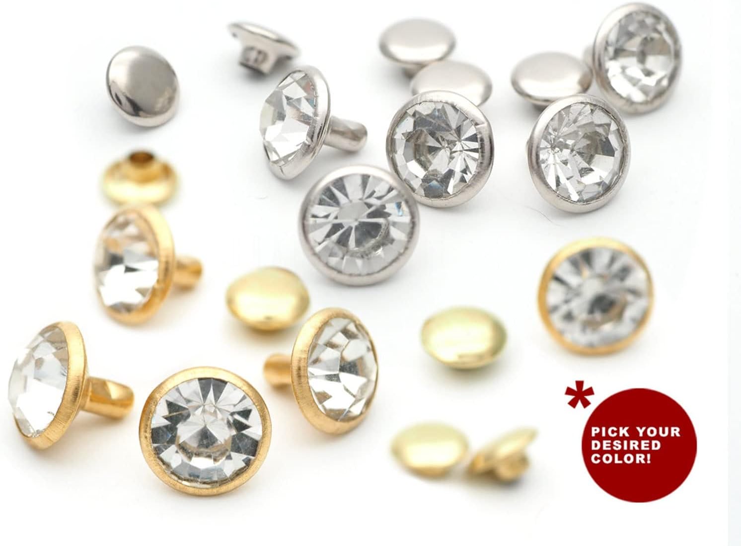 CRAFTMEMORE 50 juegos de remaches de diamantes de imitación transparentes blancos con diamantes de imitación rápidos para decoración de bricolaje,