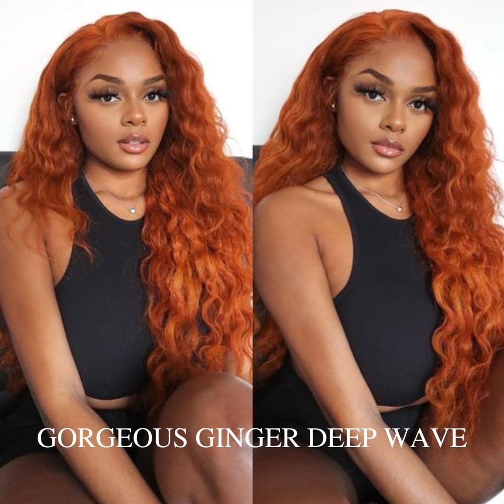Ginger Deep Wave Closure 14 pulgadas, cobre naranja quemado 350 4×4 cierre de encaje transparente cabello humano prearrancado con cabello de bebé