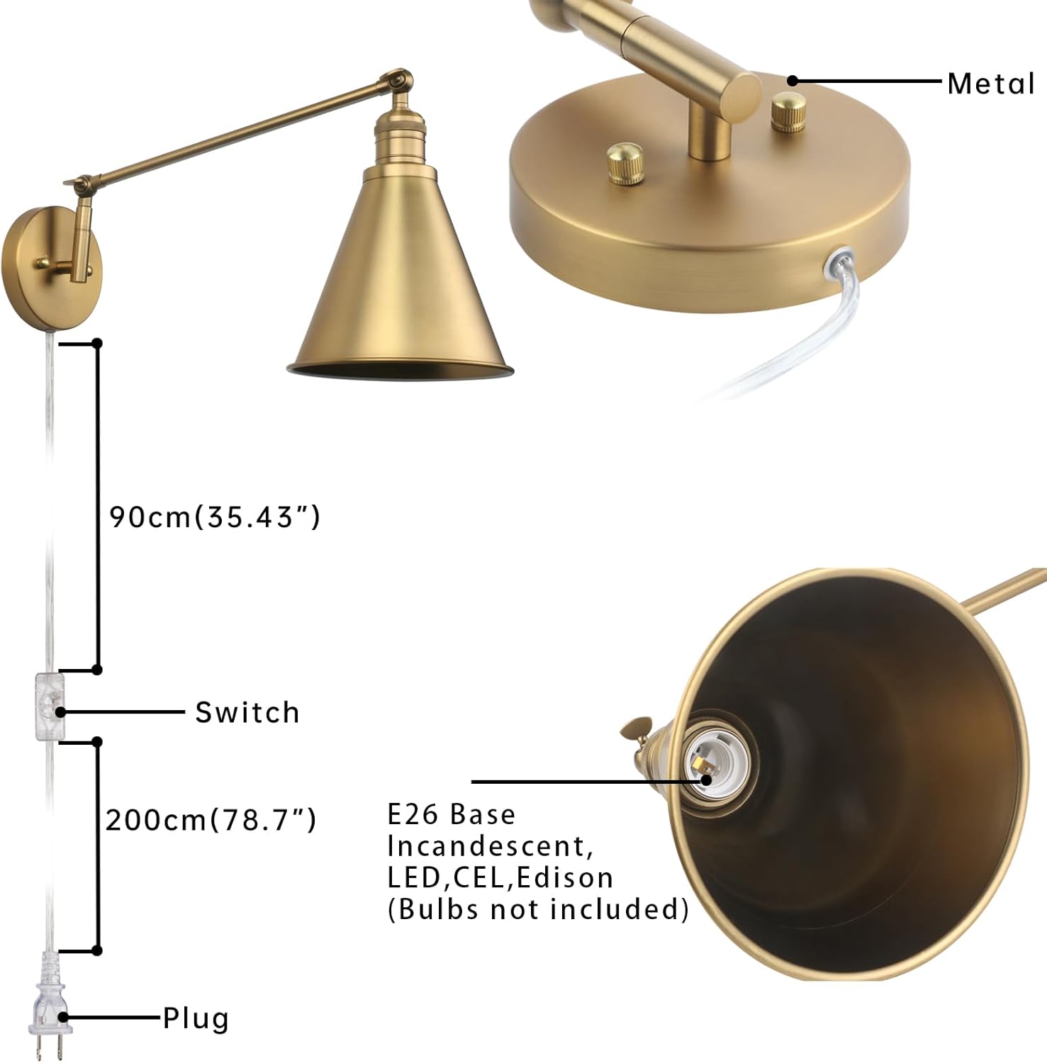 Apliques de pared vintage con brazo oscilante, cable de enchufe de cabeza ajustable con interruptor de encendidoapagado, lámpara de pared