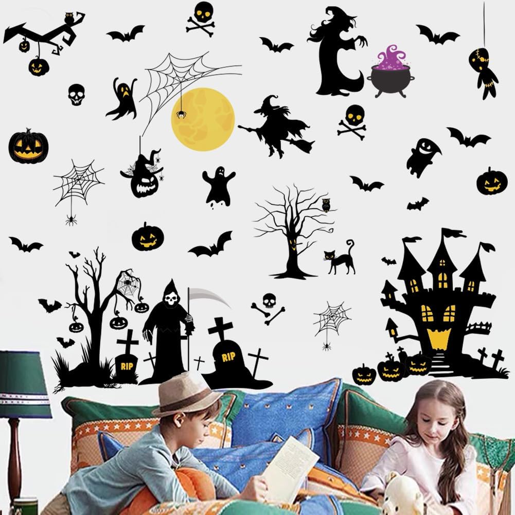Calcomanías de pared de bruja de Halloween, decoración de pared de murciélago de luna de Halloween, decoración de pared de vinilo para despegar y
