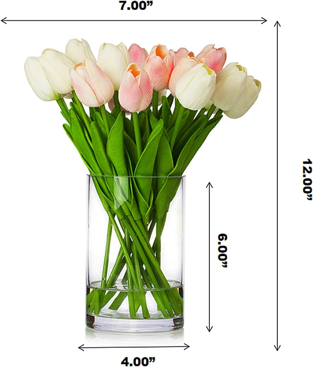 ENOVA HOME 20 arreglos florales de tulipanes artificiales de tacto real en jarrón de vidrio con agua sintética para decoración del hogar (blanco