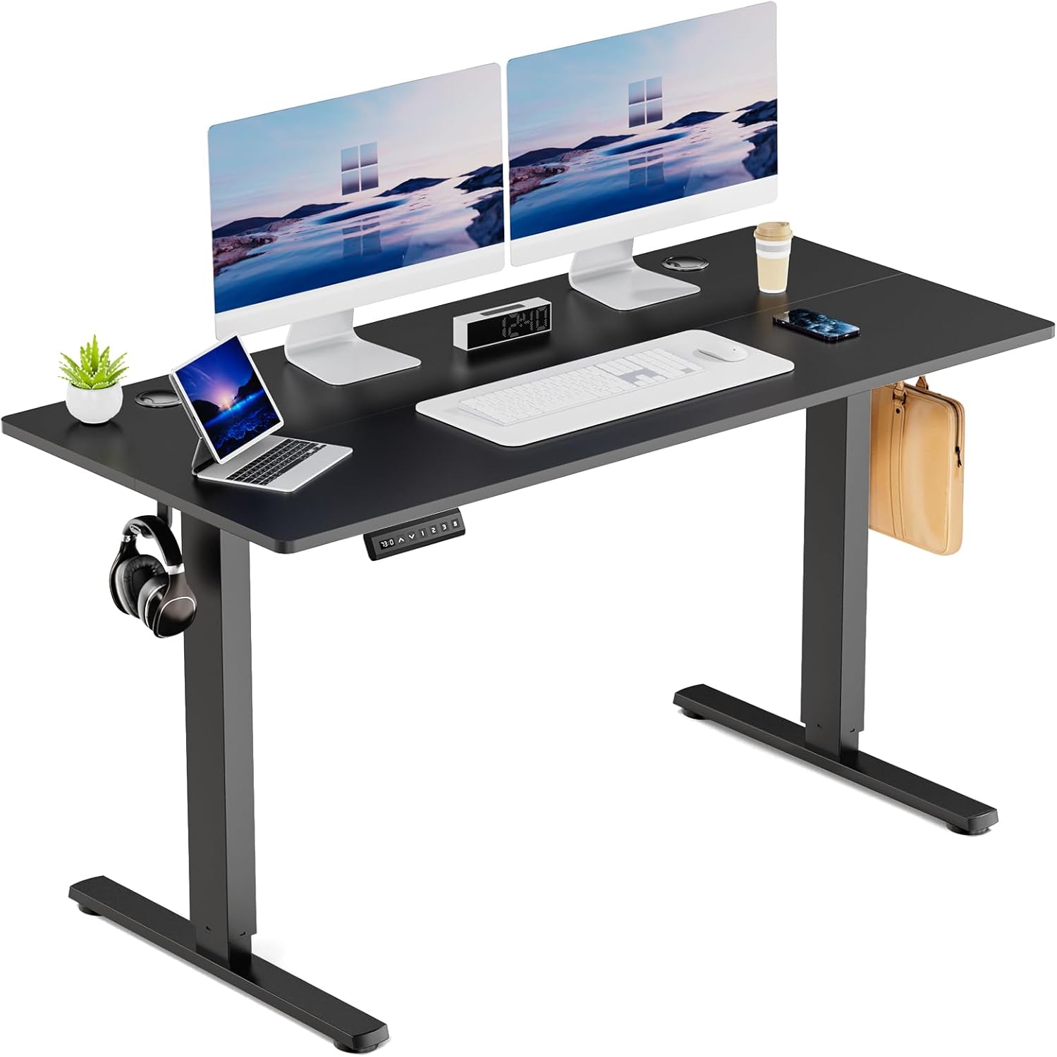 DUMOS Escritorio eléctrico de oficina de pie de 55 pulgadas, altura ajustable, estación de trabajo de PC, mesa de trabajo de madera para el hogar,