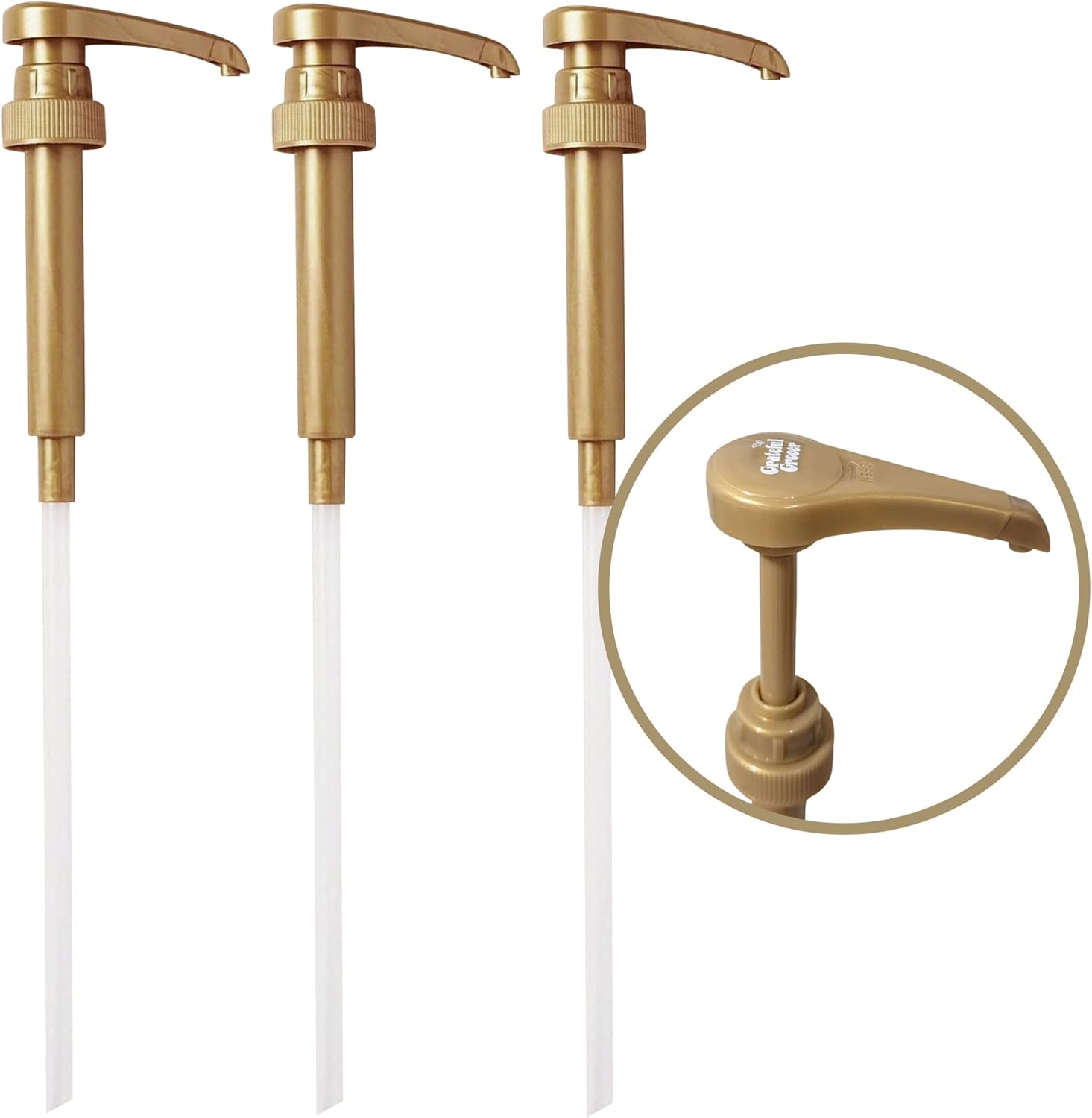 Grateful Grocer Torani – Juego de 3 bombas de jarabe doradas, dispensador de jarabe Torani para 25.4 fl oz Davinci, jarabes delgados y 1 litro de
