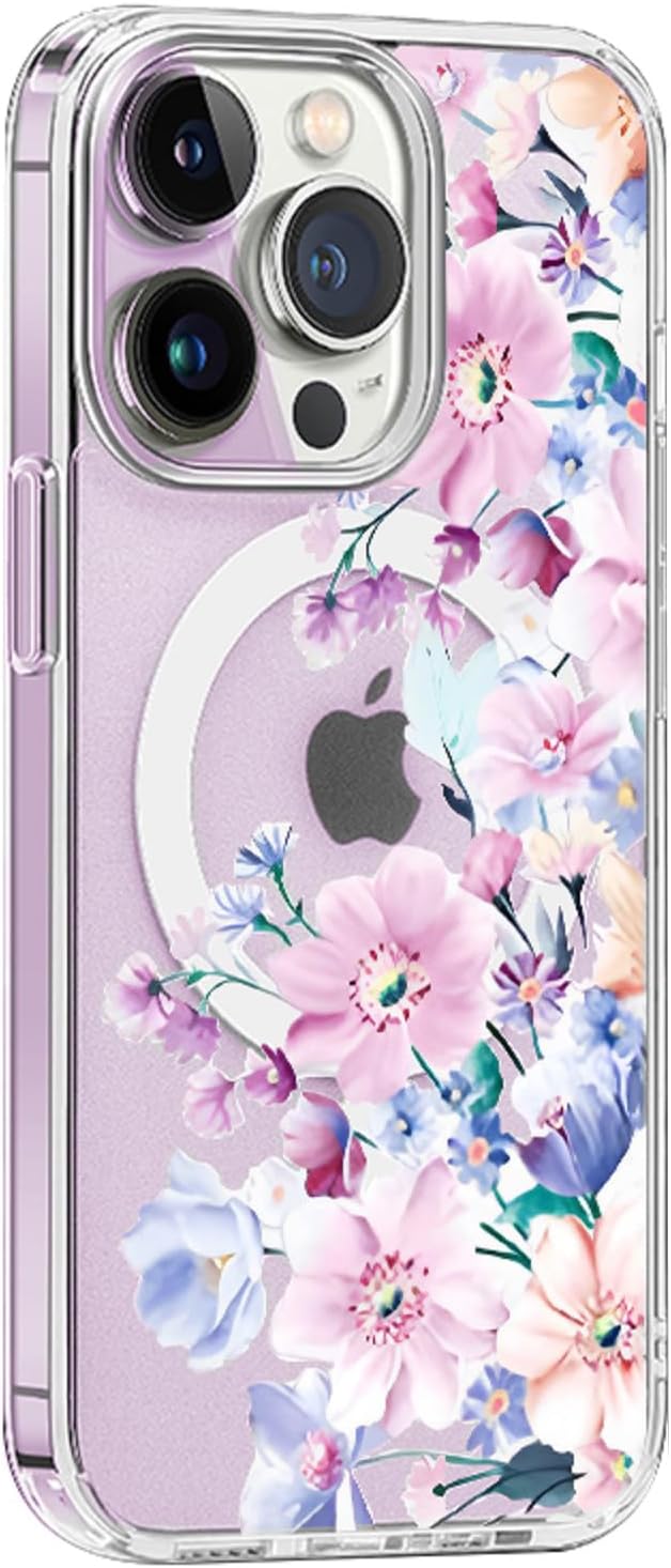 Funda Magsafe para iPhone 13 Pro Max, diseño floral lindo delgado a prueba de golpes protector duro PC+TPU parachoques flor mujeres cubierta