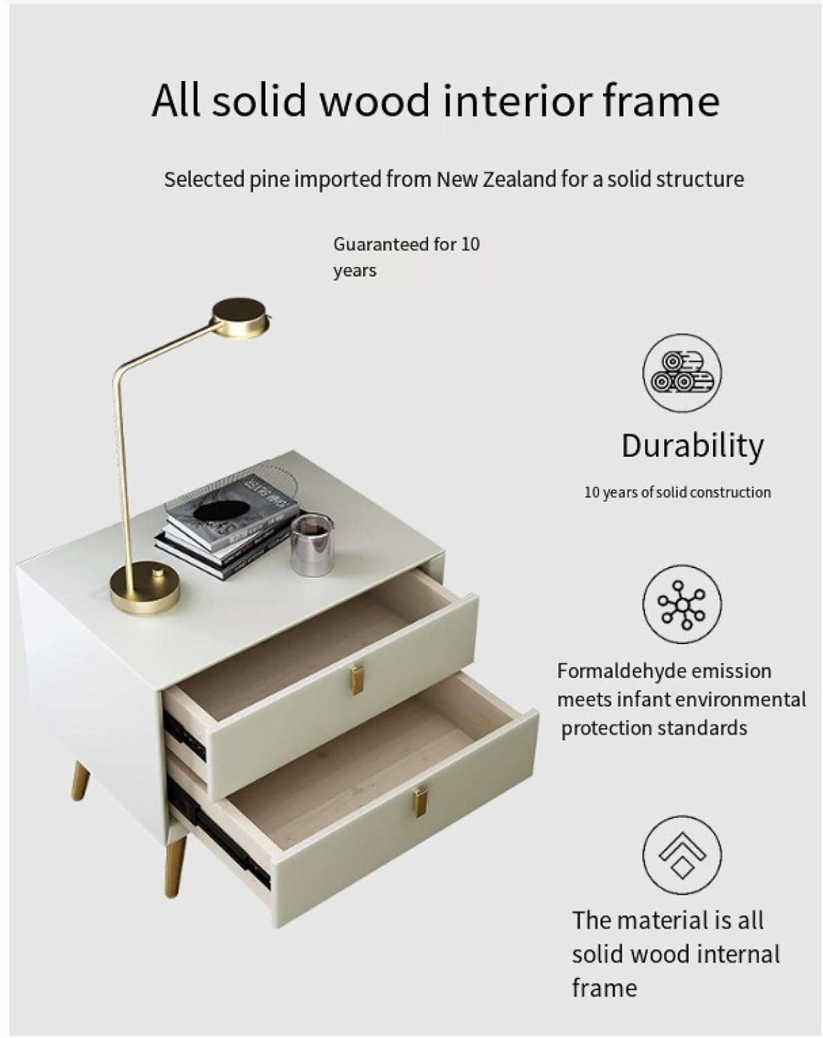 Mesita de noche de madera maciza con 2 cajones, mesa auxiliar moderna con cajón deslizante, patas de metal, mesa de noche moderna e mesa auxiliar