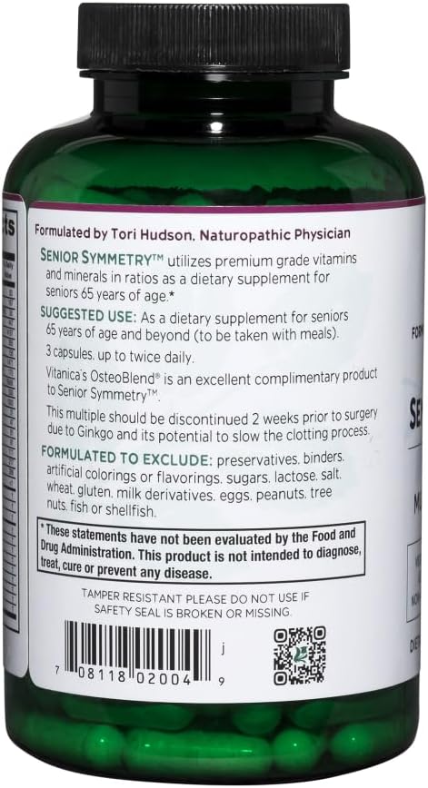 Vitanica, Senior Symmetry, multivitaminas y minerales de 65 años en adelante, vegano, 180 cápsulas