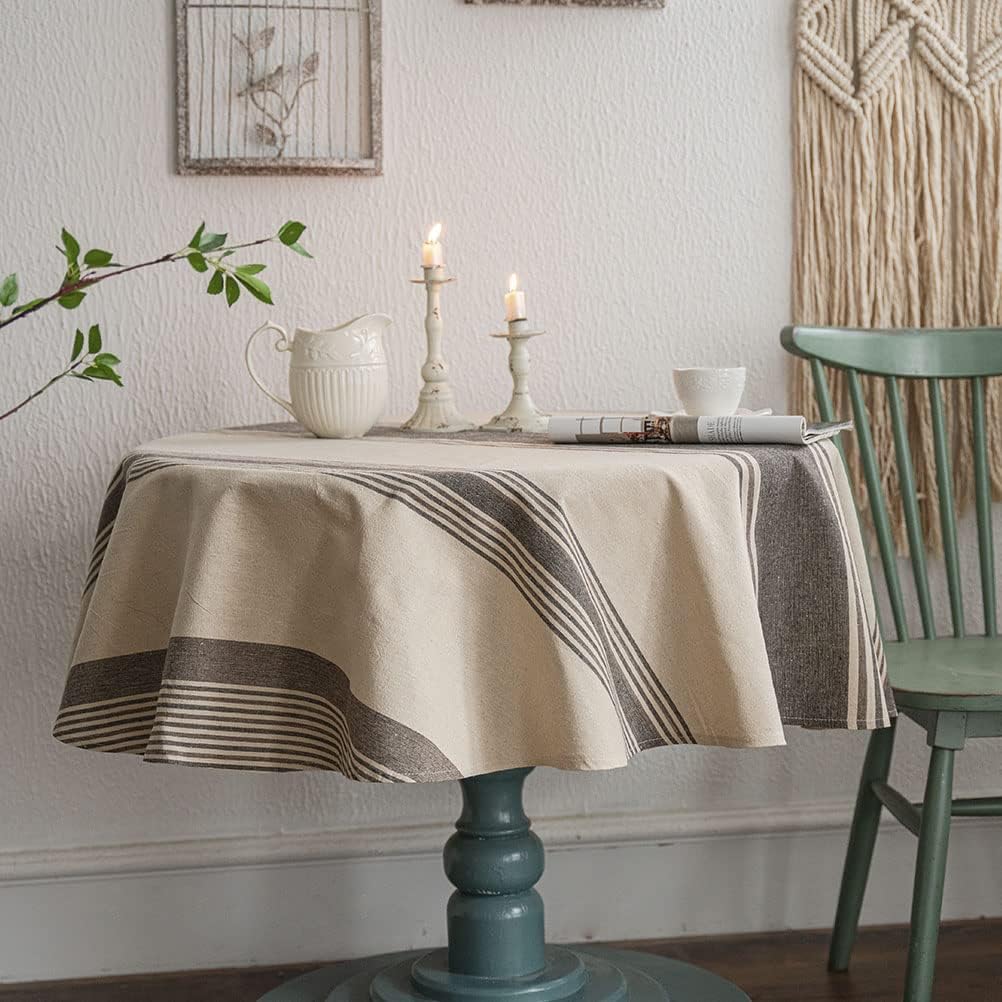 ArtBud Mantel de lino de algodón de arpillera marrón, mantel de granja a rayas, cubierta de mesa de picnic de tela pesada, decoración de cocina