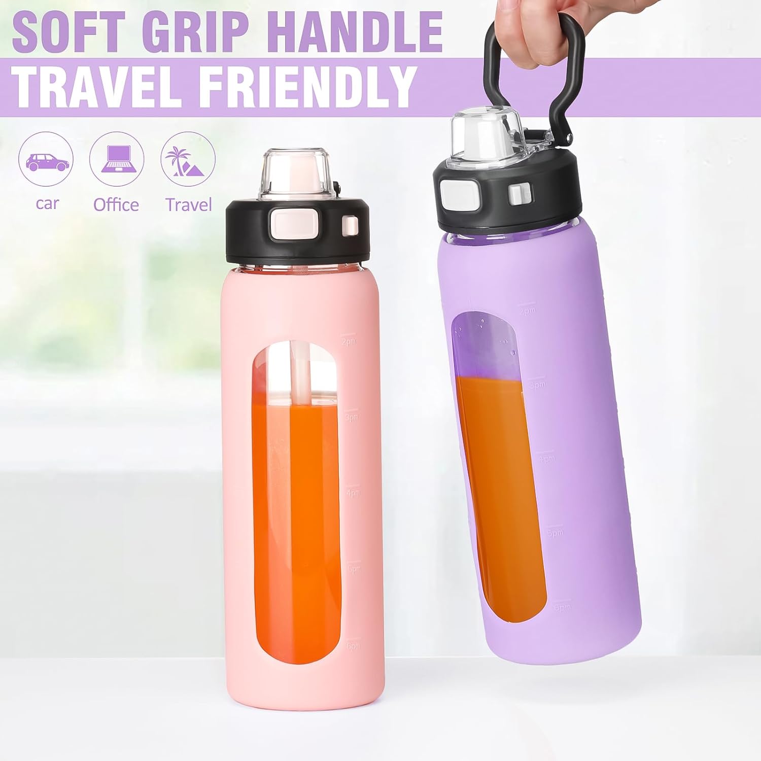 BLUEGO Botella de agua de vidrio de 24 onzas, botella de agua motivacional con marcador de tiempo y popote, botellas de agua con tapa de bloqueo y