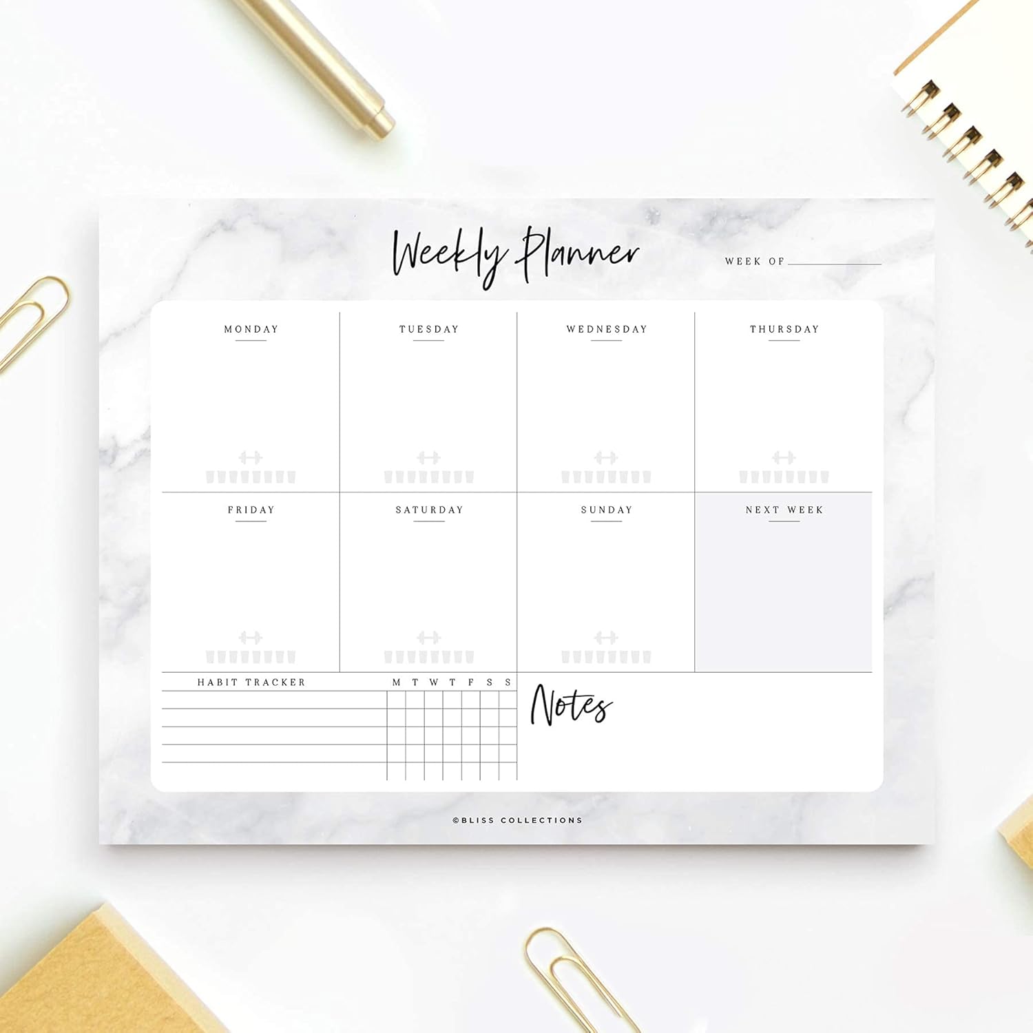 Bliss Collections Agenda semanal, mármol, hojas sin fecha, bloc de notas que incluye calendario, organizador, programador para objetivos, tareas,