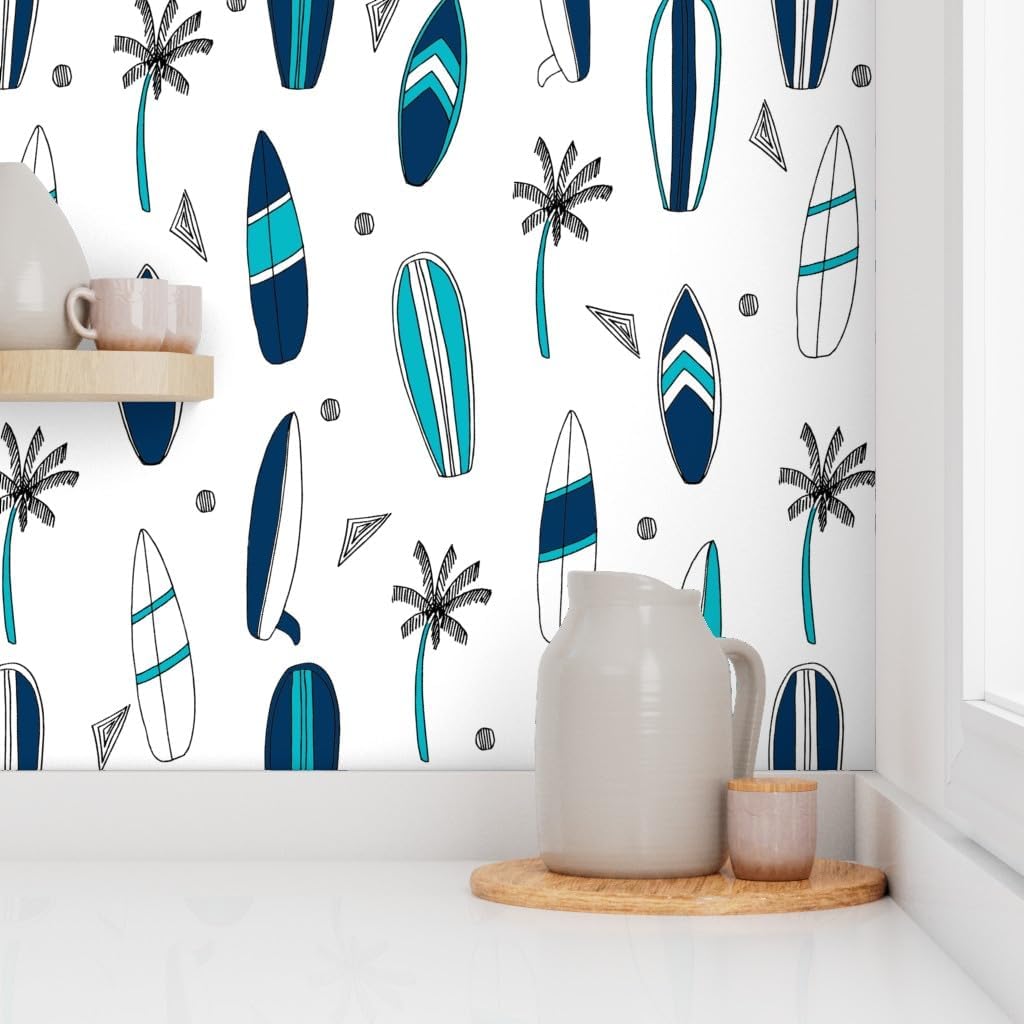 Spoonflower Papel tapiz autoadhesivo de 12 x 2 pies, para tabla de surf, tropical, verano, azul marino, blanco, playa, azul, papel tapiz extraíble