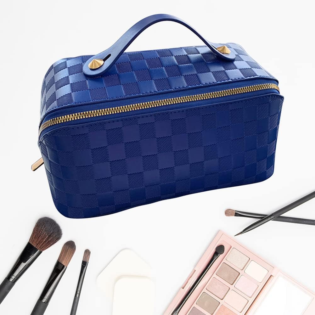 CIREA Bolsa de cosméticos de viaje de gran capacidad marrón a cuadros bolsa de maquillaje PU cuero impermeable bolsa de cuidado de la piel con mango