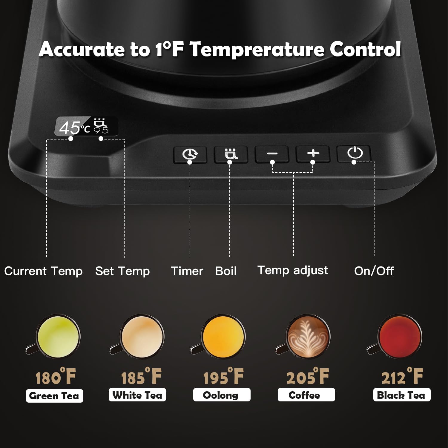Ecorelax Hervidor eléctrico de cuello de cisne con control de temperatura preciso de  1 , 1200 W para café y té, 100% acero inoxidable, hervidor de