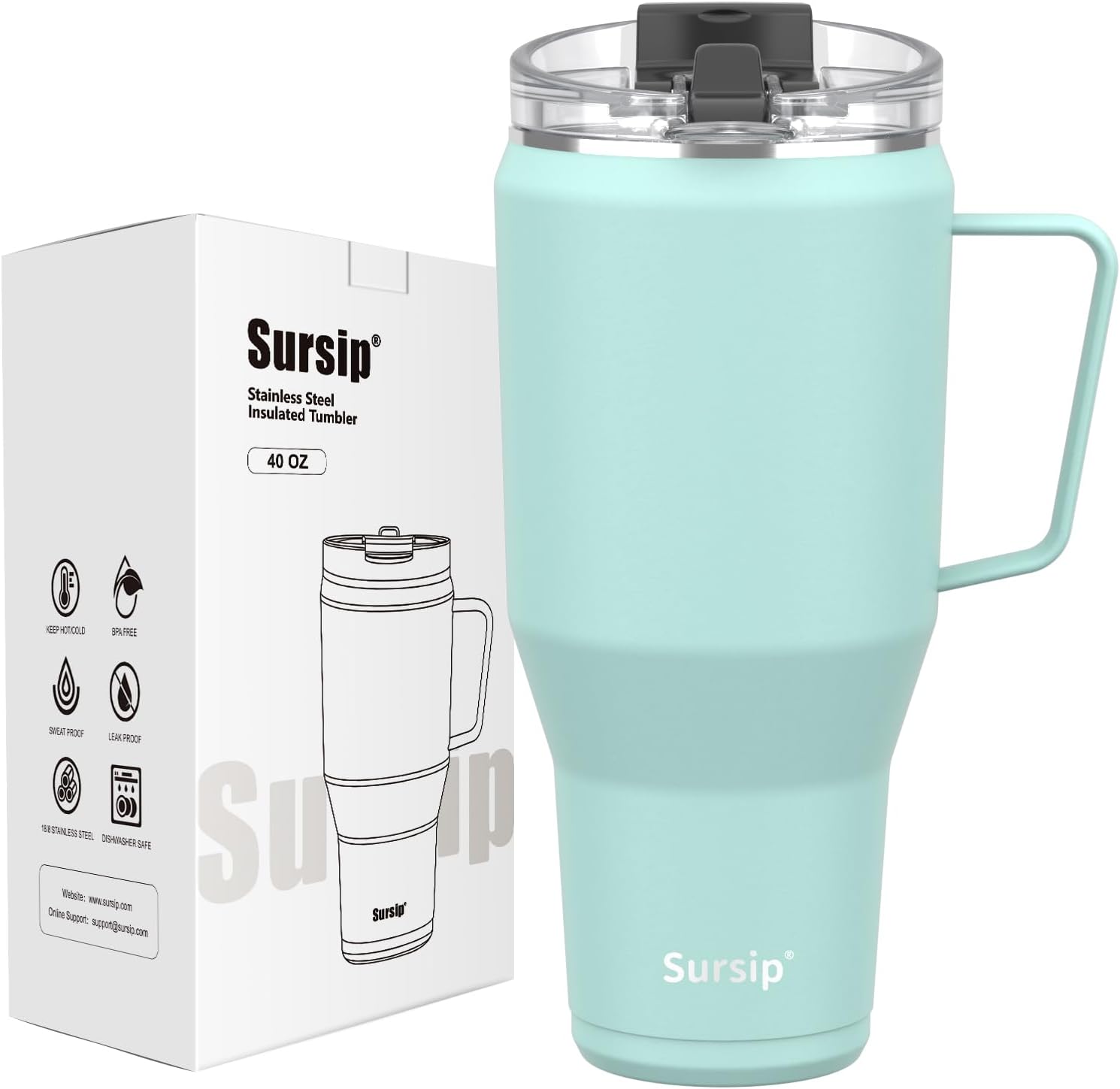 Sursip Vaso aislado de 40 onzas con mango de acero inoxidable y tapa con popote 2 en 1, taza de viaje de acero inoxidable de doble pared a prueba de