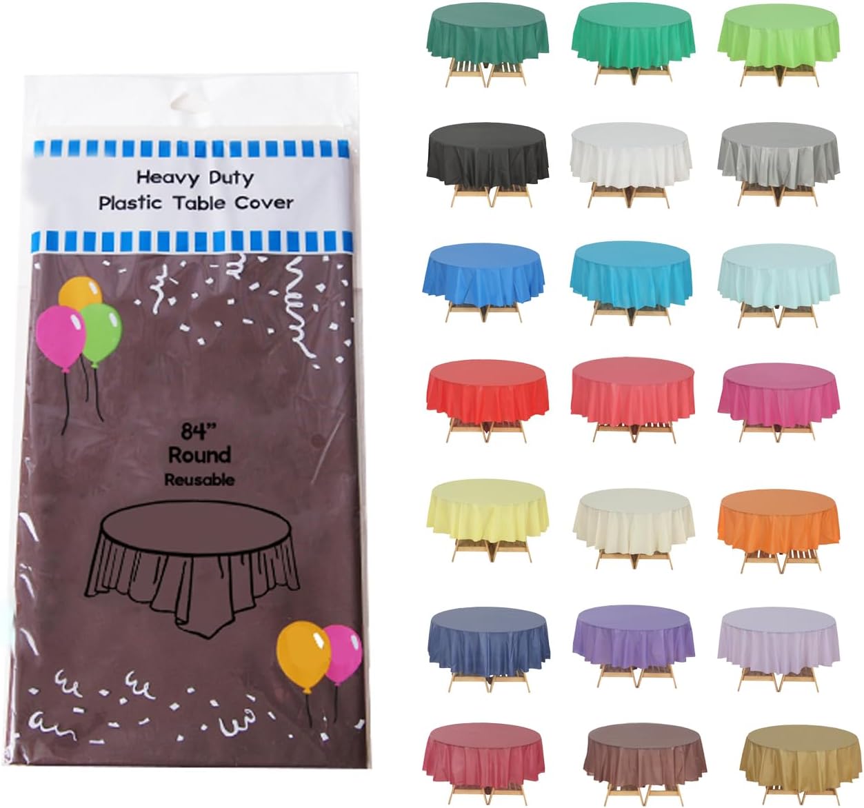 Evershine Paquete de 12 manteles redondos de plástico de 84 pulgadas color marrón resistente (reutilizable) (redondo de 84 pulgadas, marrón)