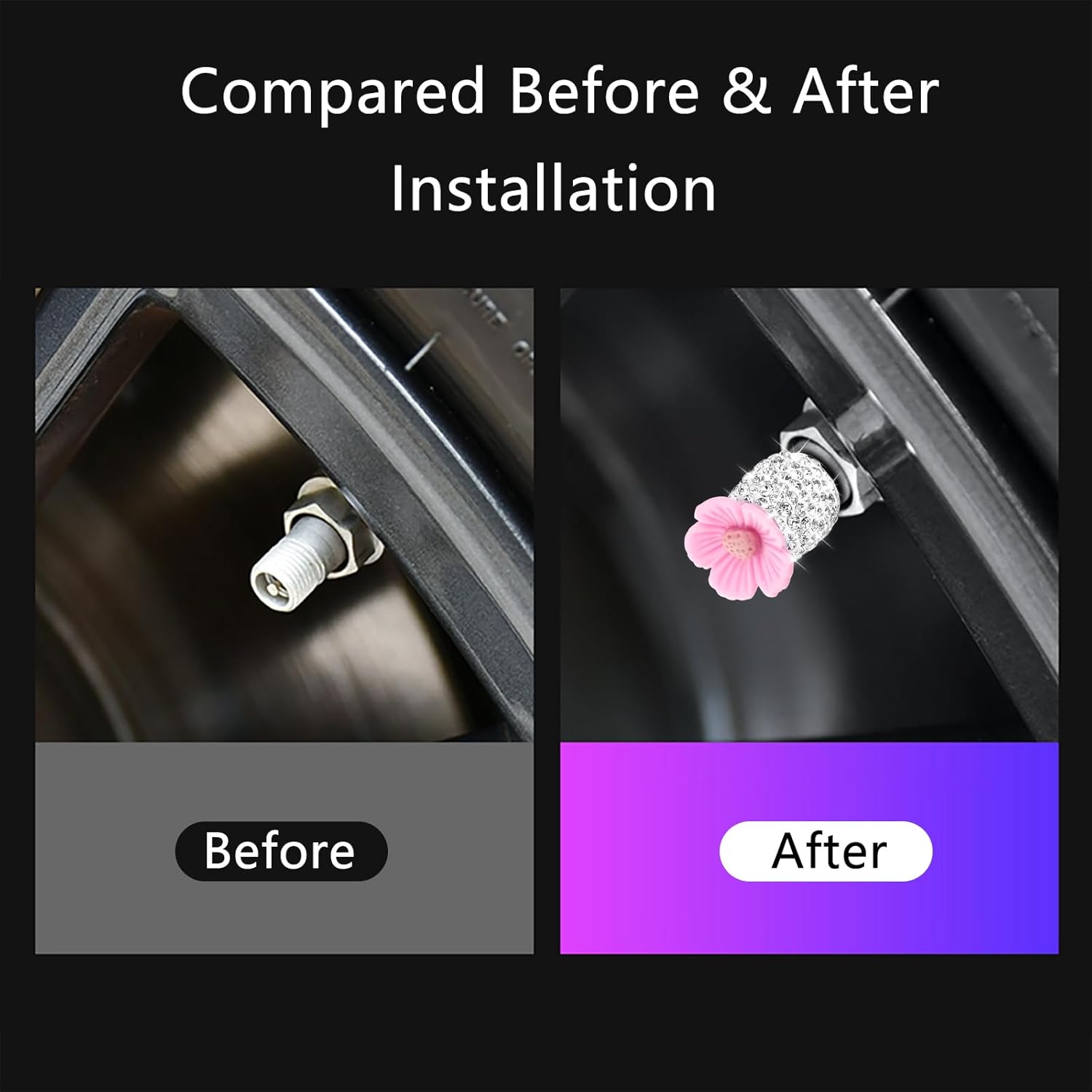 Paquete de 4 tapones de válvula de neumático de automóvil con diamantes de imitación de cristal, flor de Sakura, a prueba de polvo, accesorios