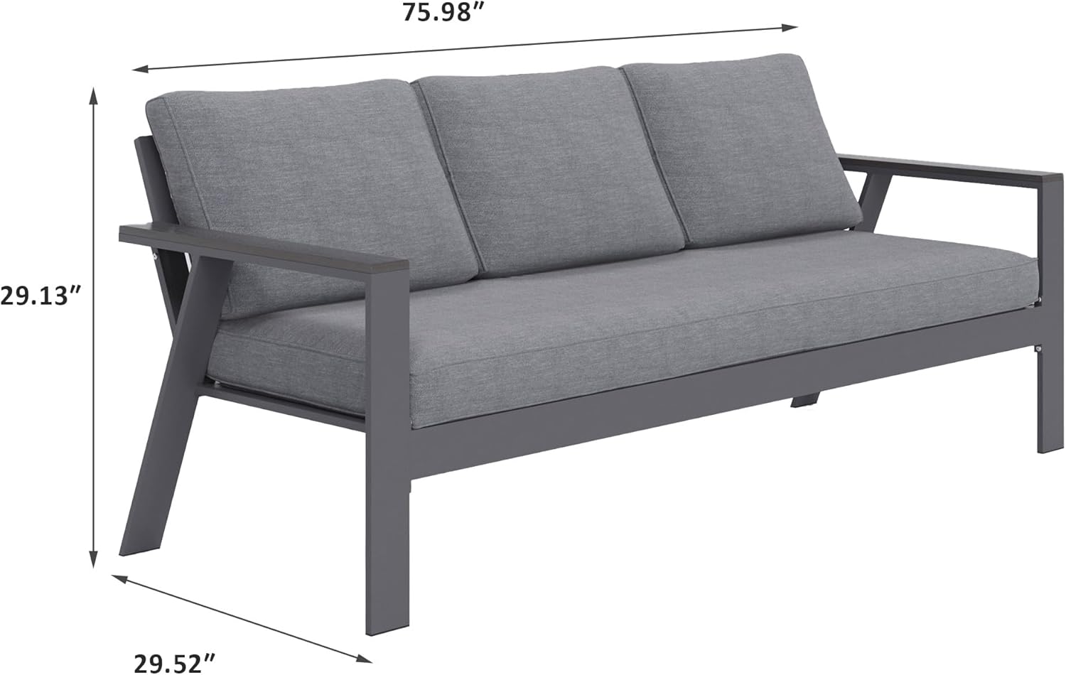 Solaste Sofá de aluminio para exteriores, muebles de patio, sofá de 3 asientos con reposabrazos de madera y respaldo en ángulo, sofá de metal para