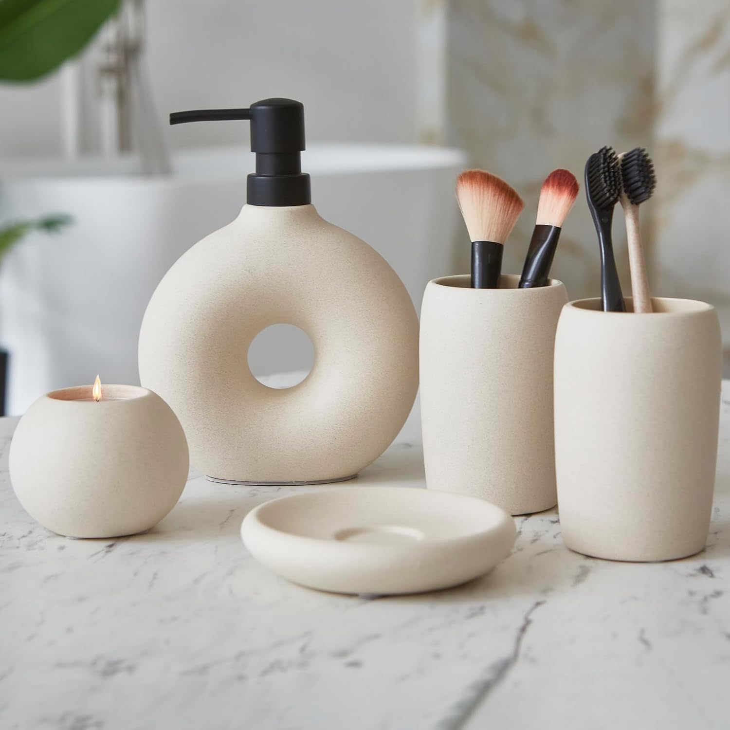 Juego de accesorios de baño de cerámica, 5 piezas, incluye dispensador de jabón, taza para cepillo de dientes, soporte para cepillos de dientes,