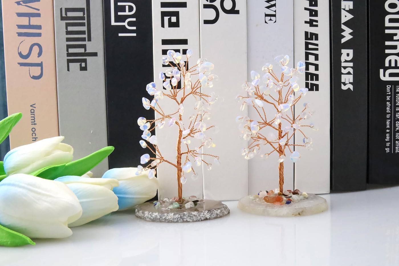 QINJIEJIE Decoración de árbol de cristales curativos de ópalo, decoración de piedra natural, árbol de piedras preciosas de reiki, base de rodajas de