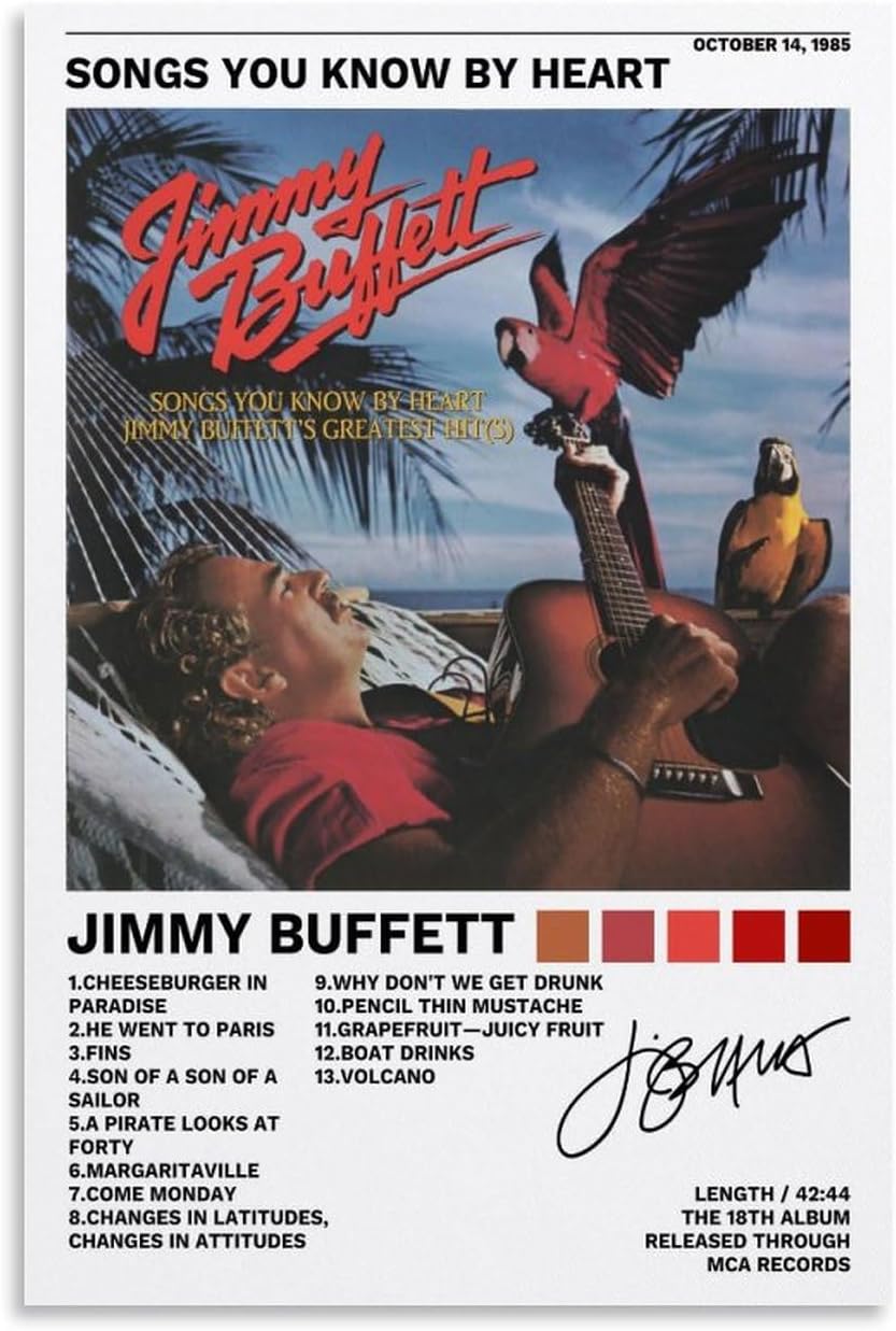 Póster de Jimmy con texto en inglés “Canciones de Buffett You Know by Heart”, pintura decorativa, lienzo, pósteres de pared e impresión artística