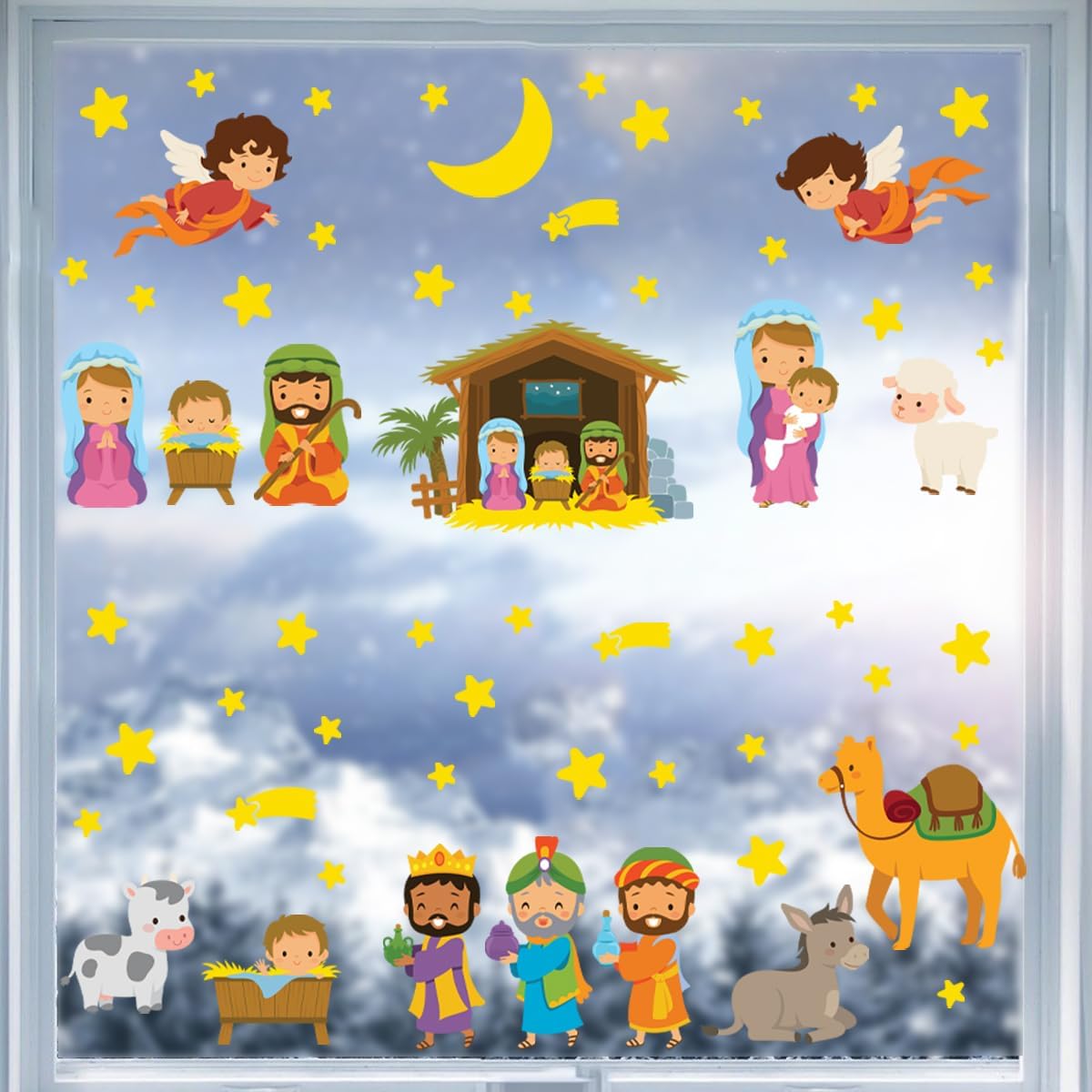 Adhesivos para ventana de Navidad, acuarela, belén, calcomanías de doble cara cristiana para ventana, diseño de El nacimiento de Jesús para