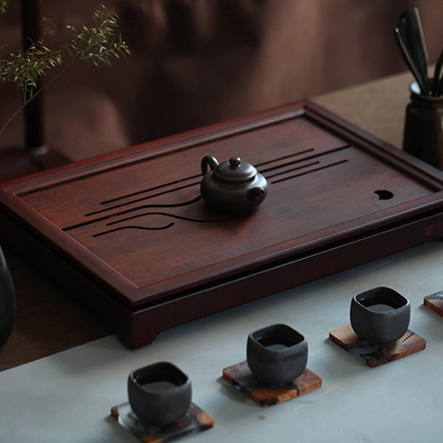 JIKUGO Bandeja de té de bambú, bandeja china de té de kungfu, juego de té vintage, bandeja de té gongfu, almacenamiento de agua mesa de té de bambú