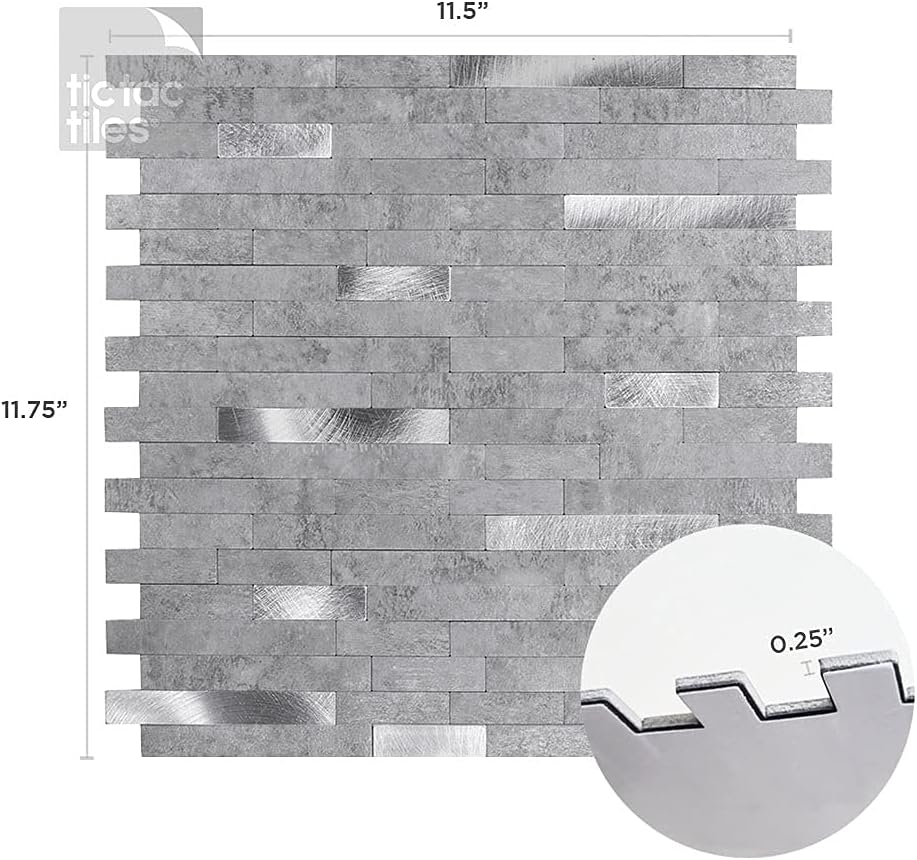 Tic Tac Tiles Autoadhesivo extraíble para la loseta del muro de la cocina o el baño, azulejos metálicos (gris plateado, 6)