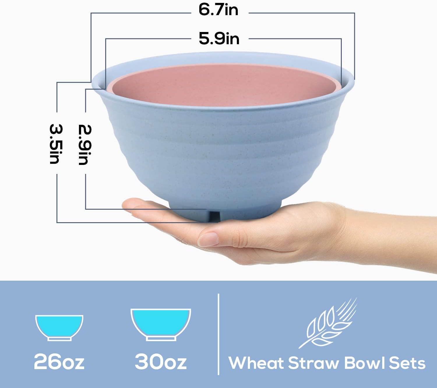 Juego de 4 cuencos de ensalada de 26 onzas, cuencos pequeños de paja de trigo para cocina, tazones de sopa, tazón de cereal para desayuno,