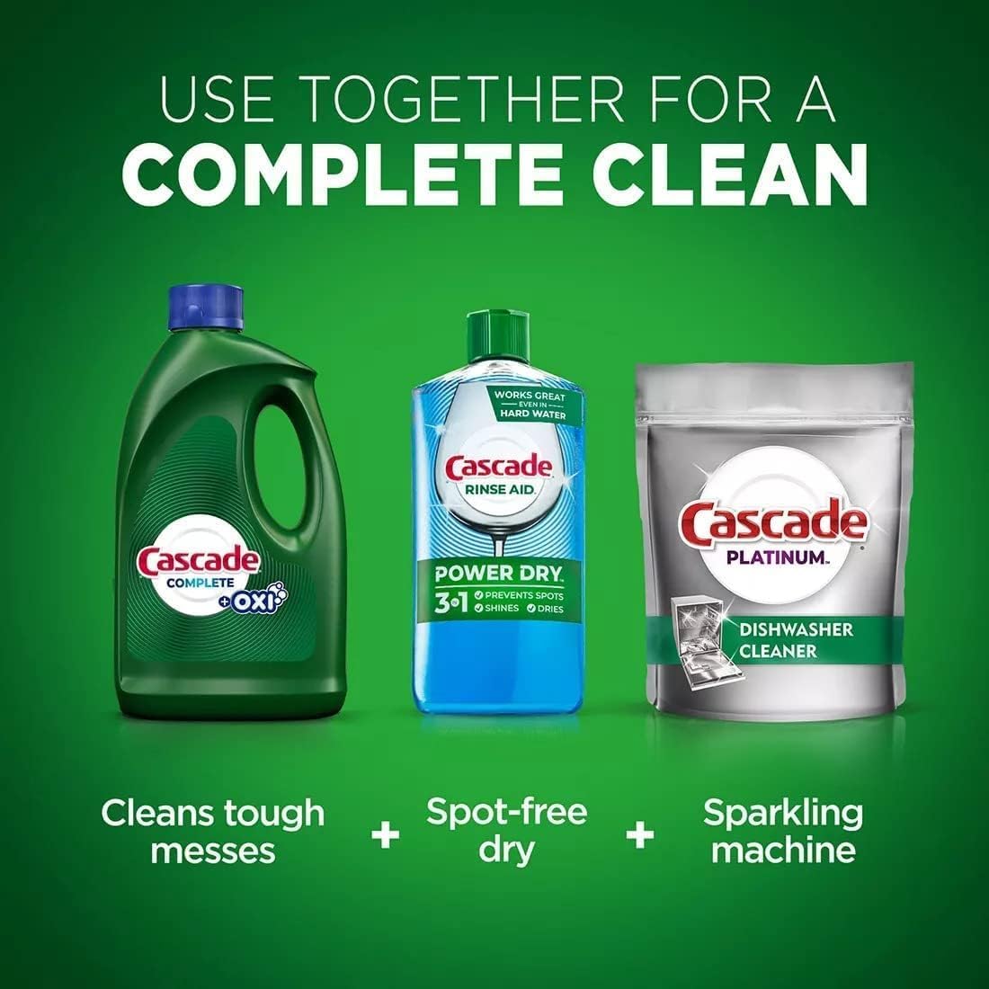 Cascade Complete + Oxi Gel – Detergente para lavar platos, aroma fresco, 125 onzas (paquete de 2) con limpiador de lavavajillas Cascade Platinum,