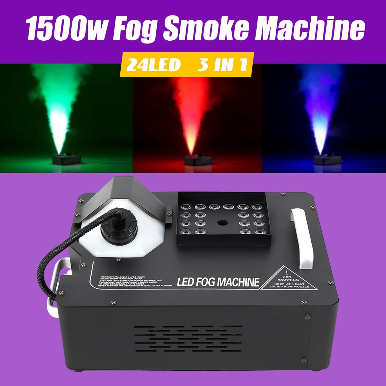 DYRABREST Máquina de niebla, máquina de humo LED de 24 RGB, 3 en 1, 1500 W, para fiesta, DMX inalámbrico, para DJ, escenario, con control remoto,