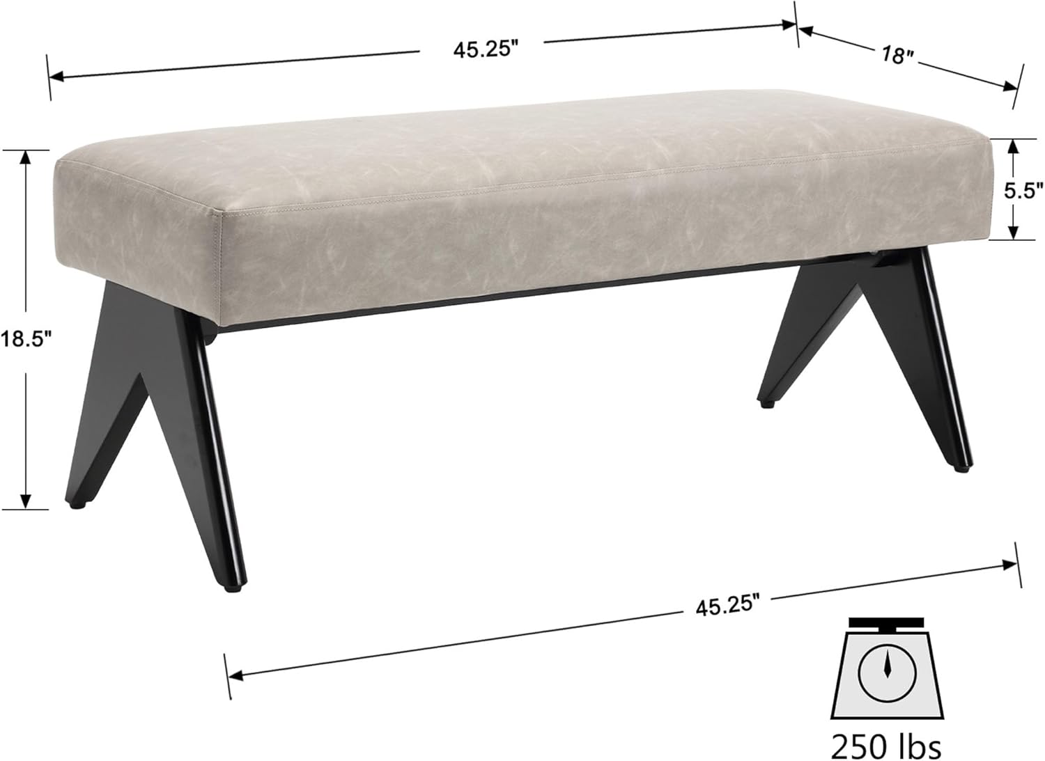 VESCASA Banco de comedor tapizado de piel sintética con patas de madera negra, entrada de 45.25 pulgadas de ancho, banco acolchado moderno para