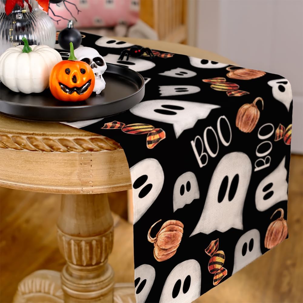 ARKENY Camino de mesa de Halloween de 13 x 36 pulgadas, calabaza espeluznante fantasma Candy Boo, arpillera de temporada para interiores, cocina,