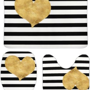 Juego de alfombras de baño de 3 piezas, ultra suaves y antideslizantes, a rayas blancas y negras con corazón dorado, alfombra de baño absorbente con Juego de alfombras de baño de 3 piezas, ultra suaves y antideslizantes, a rayas blancas y negras con corazón dorado, alfombra de baño absorbente con