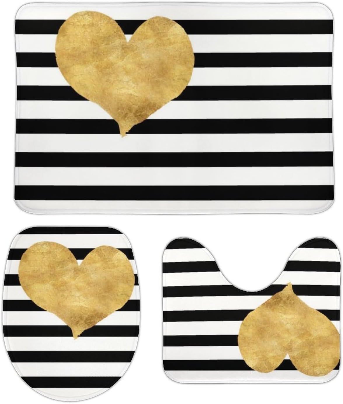Juego de alfombras de baño de 3 piezas, ultra suaves y antideslizantes, a rayas blancas y negras con corazón dorado, alfombra de baño absorbente con
