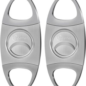 Miloethan – Cortador de cigarrillos, 2 paquetes de hoja de doble corte de guillotina de acero inoxidable con funda de cuero, color plateado Miloethan – Cortador de cigarrillos, 2 paquetes de hoja de doble corte de guillotina de acero inoxidable con funda de cuero, color plateado