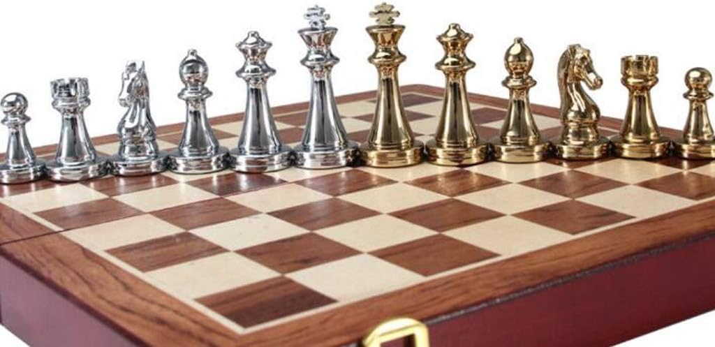 ROLTIN Juego de ajedrez de regalo de metal brillante dorado y plateado Piezas de ajedrez de madera maciza Plegable Tablero de ajedrez profesional de