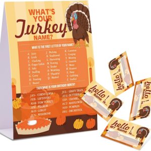 Juego de nombre de Acción de Gracias, con texto en inglés “What’s Your Turkey”, paquete de 1 letrero y 30 etiquetas de nombre, juegos de fiesta de Juego de nombre de Acción de Gracias, con texto en inglés “What’s Your Turkey”, paquete de 1 letrero y 30 etiquetas de nombre, juegos de fiesta de