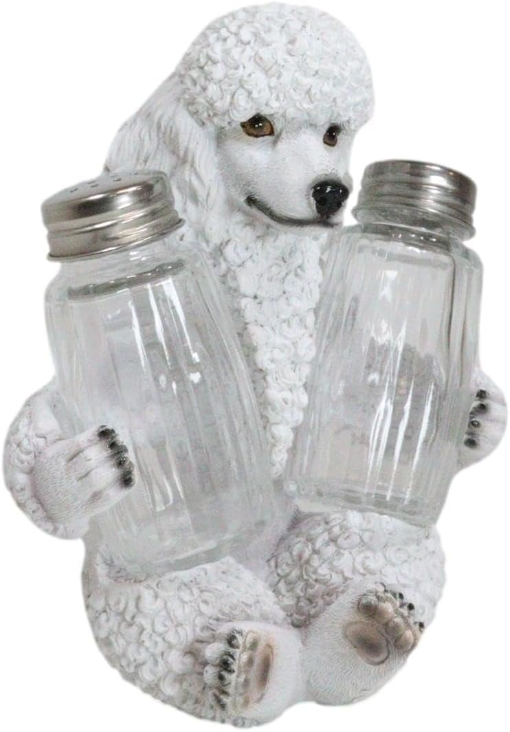 Ebros – Figura realista de cristal para perros caniches franceses blancos arreglados para salero y pimentero, 6.25 pulgadas de alto, caprichoso