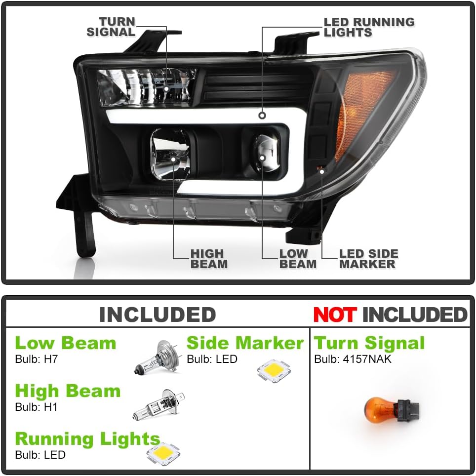 ACANII – Para 2007-2013 Toyota Tundra 08-17 Sequoia Pickup Negro LED Tubo Proyector Faros Faros Par Izquierdo+Derecho