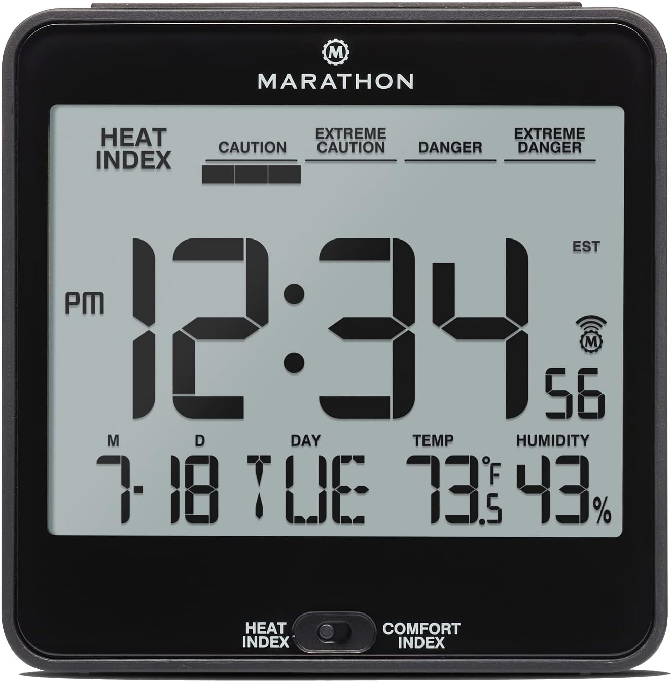 Reloj de mesa de noche Marathon, automático con luz, con índice de calor y comodidad, incluye baterías Negro