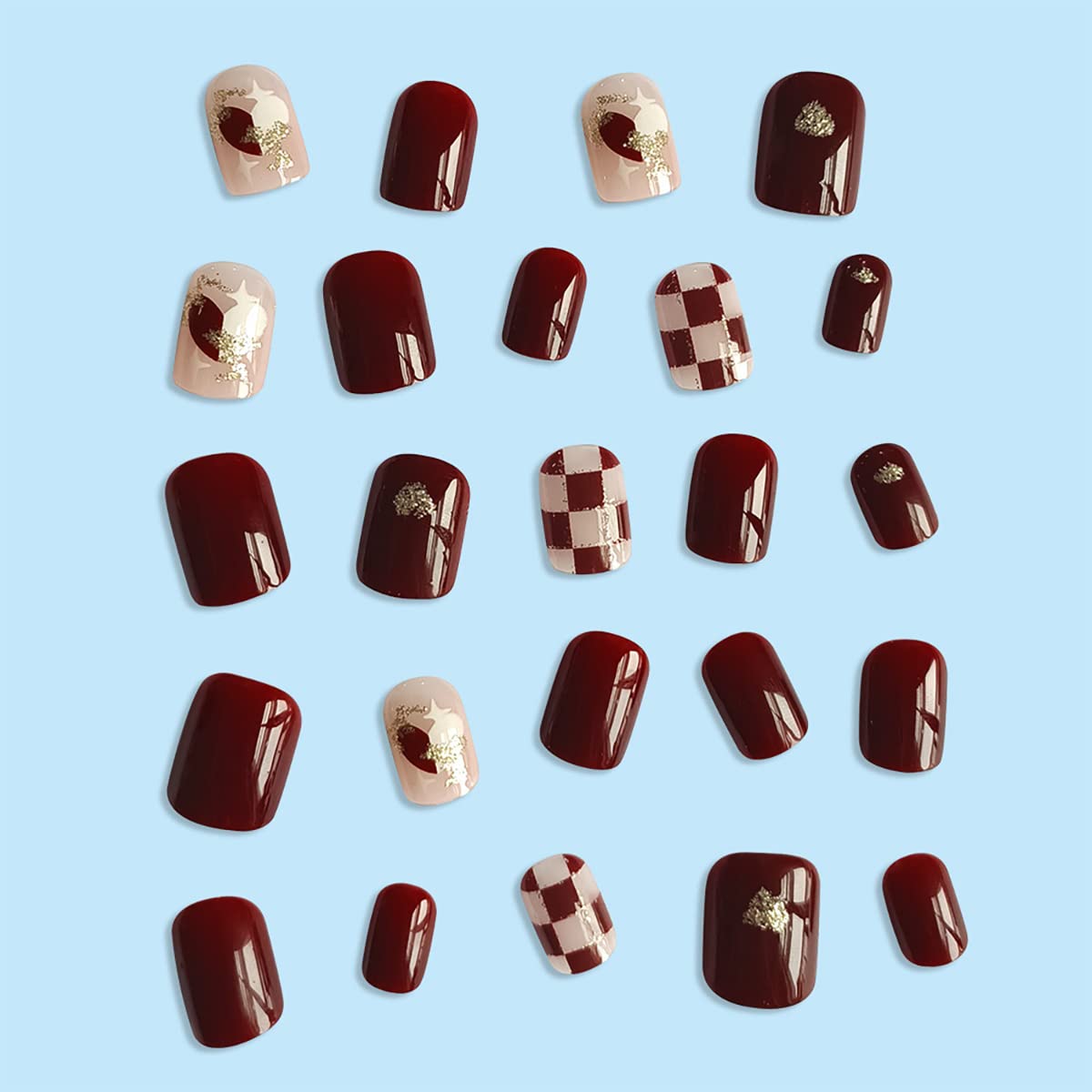 24 uñas postizas a presión con forma de corazón, cuadradas, cortas, rojas, ataúd, diseño de tablero de ajedrez rojo, purpurina, cobertura completa,