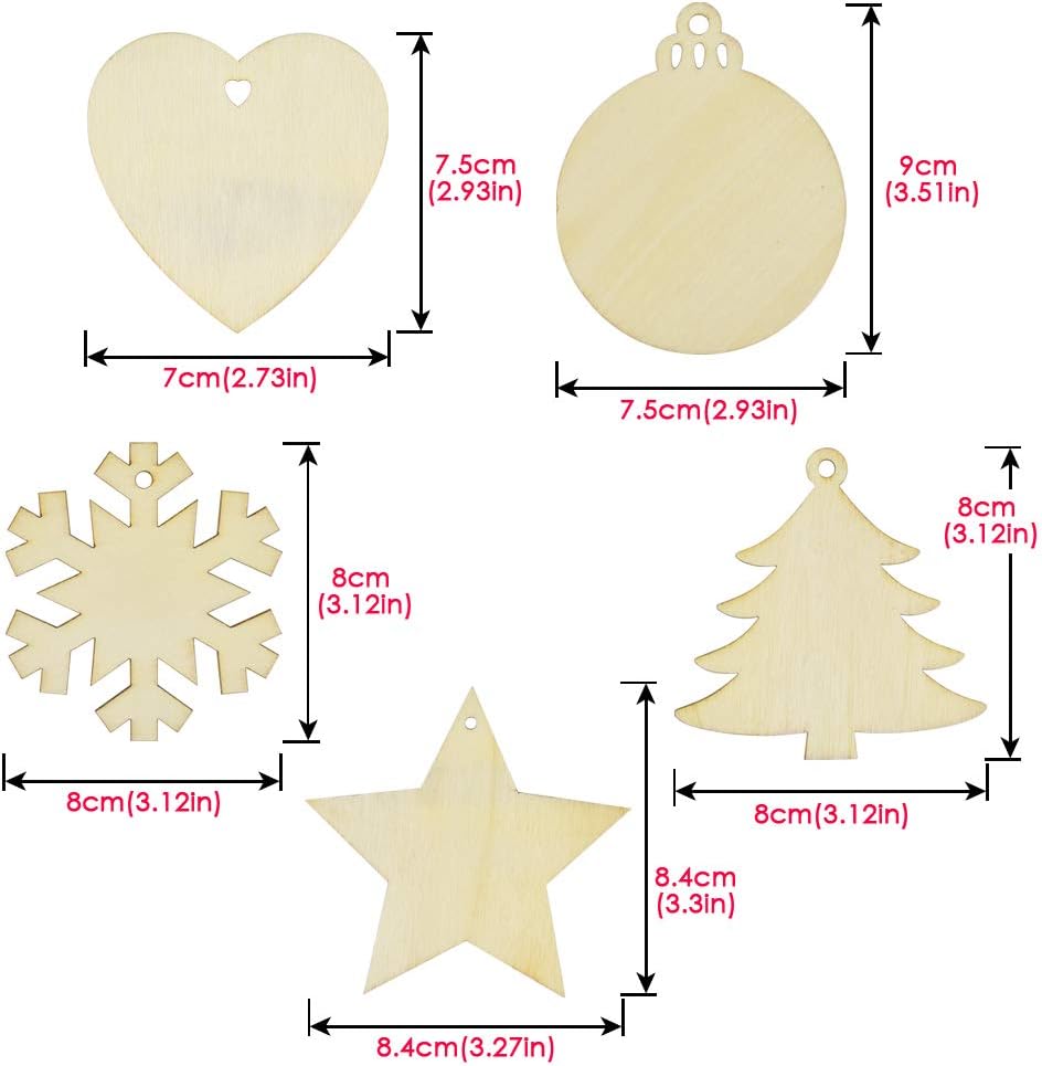 BROTOU 50 adornos de Navidad de madera, adornos de madera sin terminar para vacaciones, festivales, bodas, manualidades de Navidad para niños
