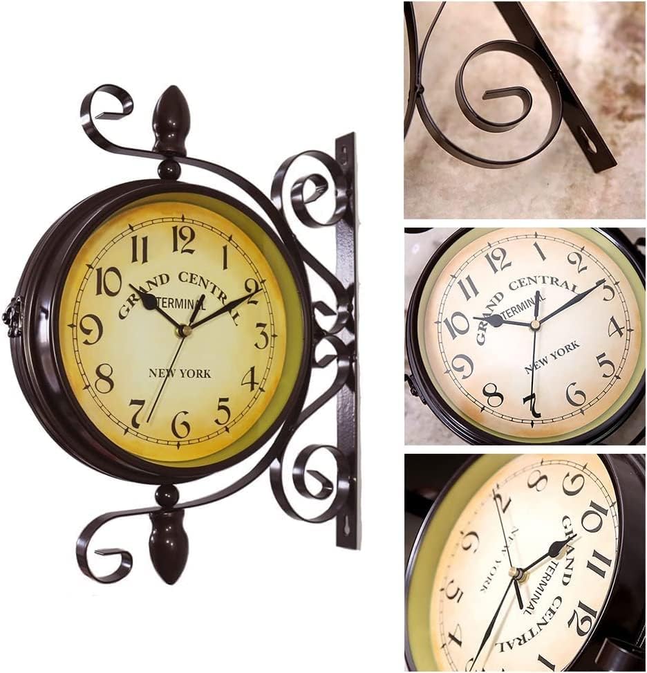 Ykybhx Reloj de pared de doble cara, de hierro forjado, estilo vintage, de dos caras, estilo europeo, clásico, para jardín, decoración del hogar,