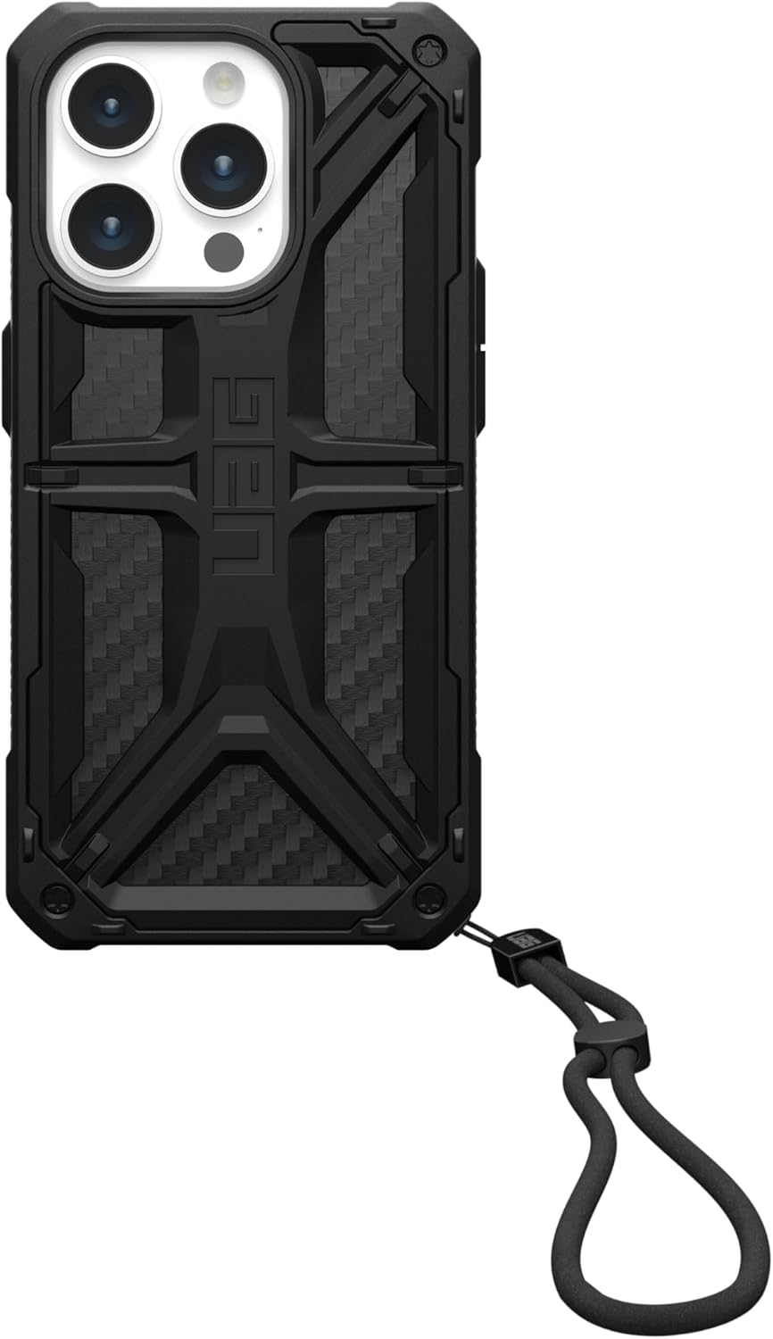 URBAN ARMOR GEAR UAG – Funda diseñada para iPhone 15 Pro, fibra de carbono Monarch de 6.1 pulgadas, con cordón UAG Paracord correa de muñeca