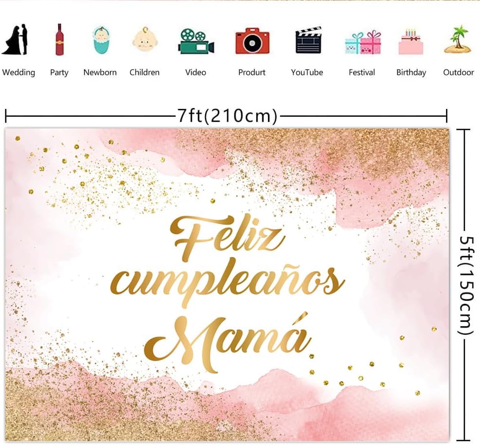 Lofaris Fondo rosa de feliz cumpleaños de 7 x 5 pies para mamá, decoración de fiesta de cumpleaños de mamá, fotografía de nube rosa, decoración de